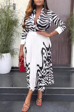 Elegant Zebra Print Long Sleeve Blouse Pleated Long Skirt Suits