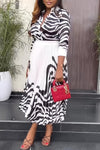 Elegant Zebra Print Long Sleeve Blouse Pleated Long Skirt Suits