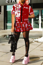 Fashion Print Short Sleeve Baseball Jacket Pleated Short Skirt Suits
