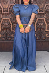 Temperament Puff Sleeve Round Neck Lace-Up Solid Color Denim Maxi Dress