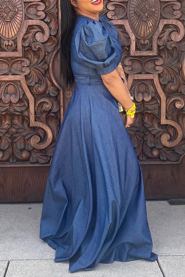 Temperament Puff Sleeve Round Neck Lace-Up Solid Color Denim Maxi Dress