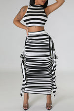 Sexy Stripe Print Sleeveless Vest Tassels High Waist Long Skirt Suits