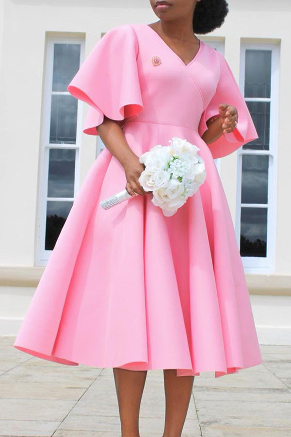 Elegant Flared Sleeve V-Neck Solid Color A-Line Midi Dress