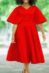 Elegant Flared Sleeve V-Neck Solid Color A-Line Midi Dress