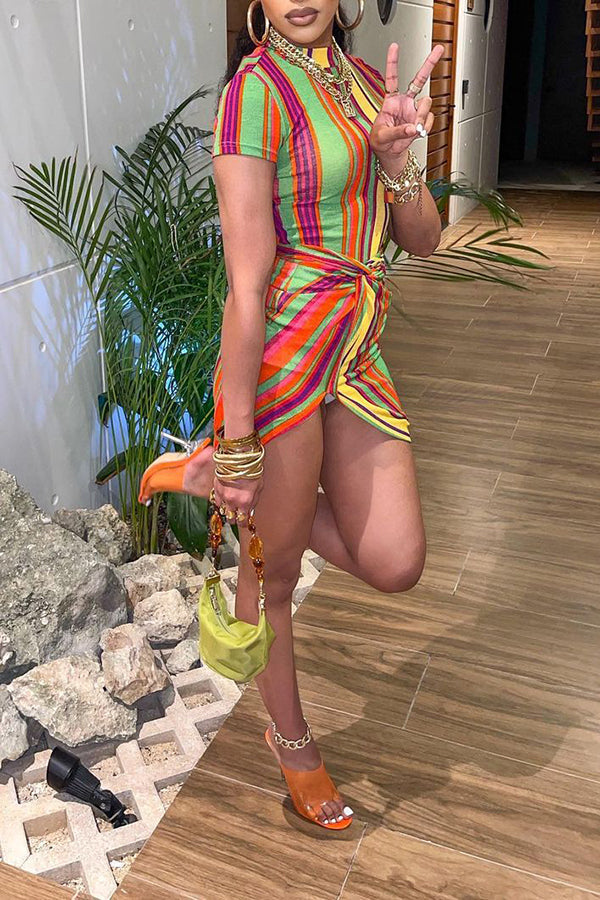 Fashion Colorful Stripe Slim Short Sleeve Mini Dress