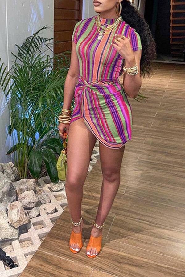 Fashion Colorful Stripe Slim Short Sleeve Mini Dress