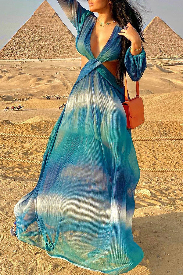 Sexy Deep V-Neck Long Sleeve Gradient Backless Pleated Maxi Dress