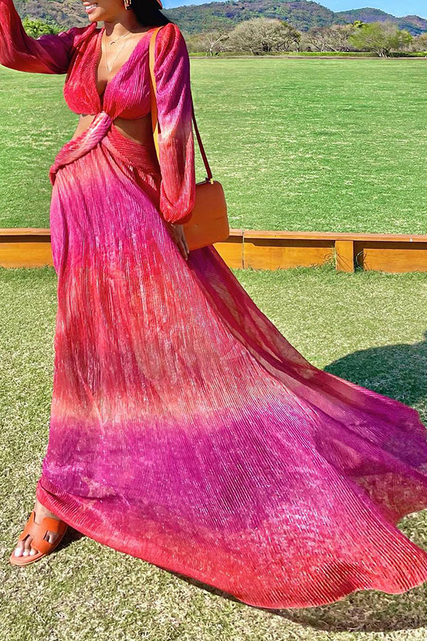 Sexy Deep V-Neck Long Sleeve Gradient Backless Pleated Maxi Dress