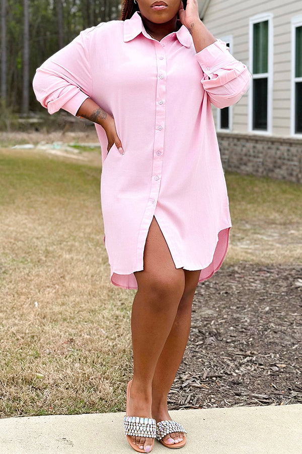 Classic Long Sleeve Single Breasted Solid Color Plus Size Mini Dress