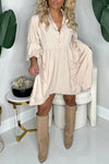 Comfortable 3/4 Length Sleeve Solid Color Shirt Neck Loose Mini Dress