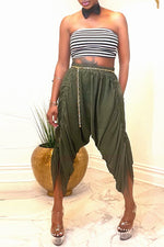 Personalized Elastic Waist Smocked Crotch Cropped Pants(Without Chains)