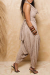 Chic Swing Collar Sleeveless Backless Pleated Top Low Crotch Pocket Pant Suits