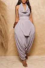 Chic Swing Collar Sleeveless Backless Pleated Top Low Crotch Pocket Pant Suits