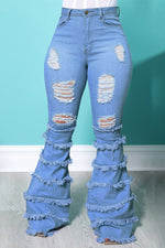 Trendy Ripped Fringed Solid Color Flared Jeans