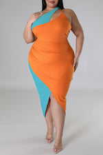 Fashion Two Color Stitching One Shoulder Hollow Plus Size Sling Maxi Dress
