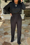 Temperament Solid Color Ruching Long Sleeve Top Pleated Wide-Leg Pants Set