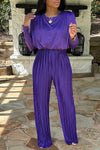 Temperament Solid Color Ruching Long Sleeve Top Pleated Wide-Leg Pants Set