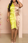 Temperament Two-Tone Satin Ruffle Lace-Up Short Sleeve Midi Dress