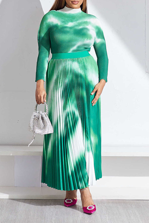 Elegant Gradient Printed Elastic Long Sleeve Top Pleated Long Skirt Suits