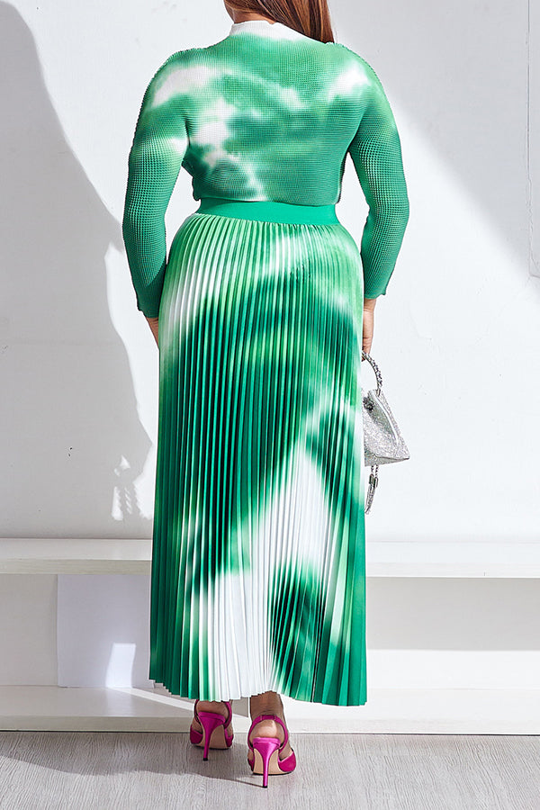 Elegant Gradient Printed Elastic Long Sleeve Top Pleated Long Skirt Suits