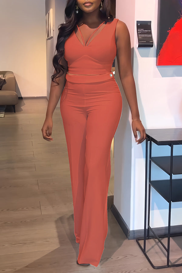 Sexy Solid Color Slim Fit Sleeveless Camisole High Waist Pant Suits