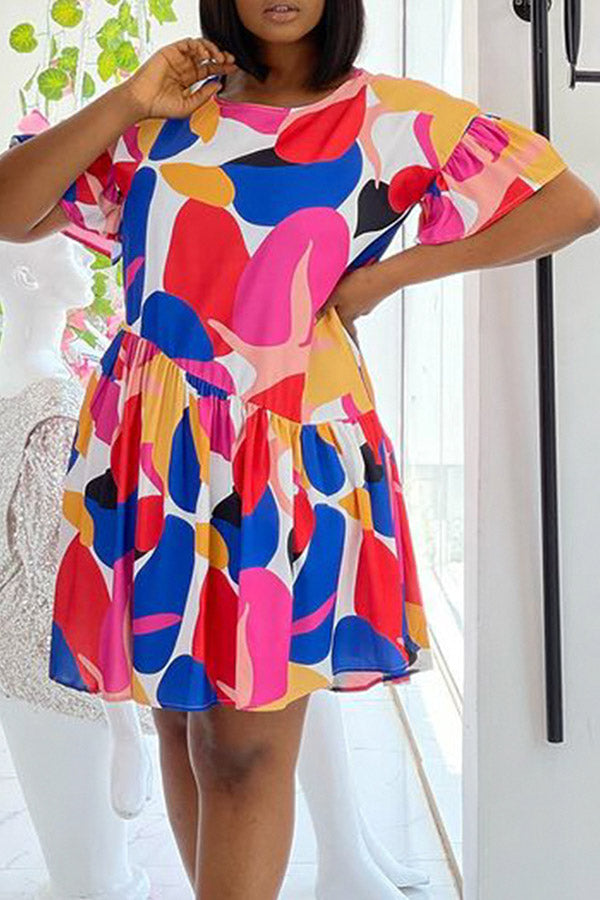 Casual Color Block Print Short Sleeve Round Neck Mini Dress