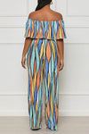 Trendy Color Block Printed Off Shoulder Ruffle Top Straight Leg Pant Suits