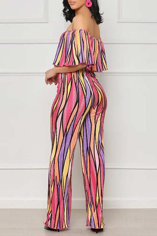 Trendy Color Block Printed Off Shoulder Ruffle Top Straight Leg Pant Suits