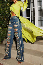 Fashion Solid Color Raw edge Ripped Straight-Leg Jeans