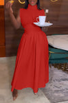 Temperament Sleeveless Stand Collar Solid Color Ruching Maxi Dress
