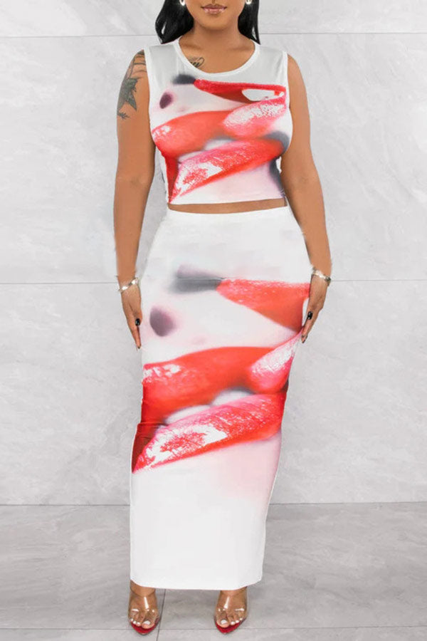 Fashion Lips Print Sleeveless Top Slim Fit Long Skirt Suits