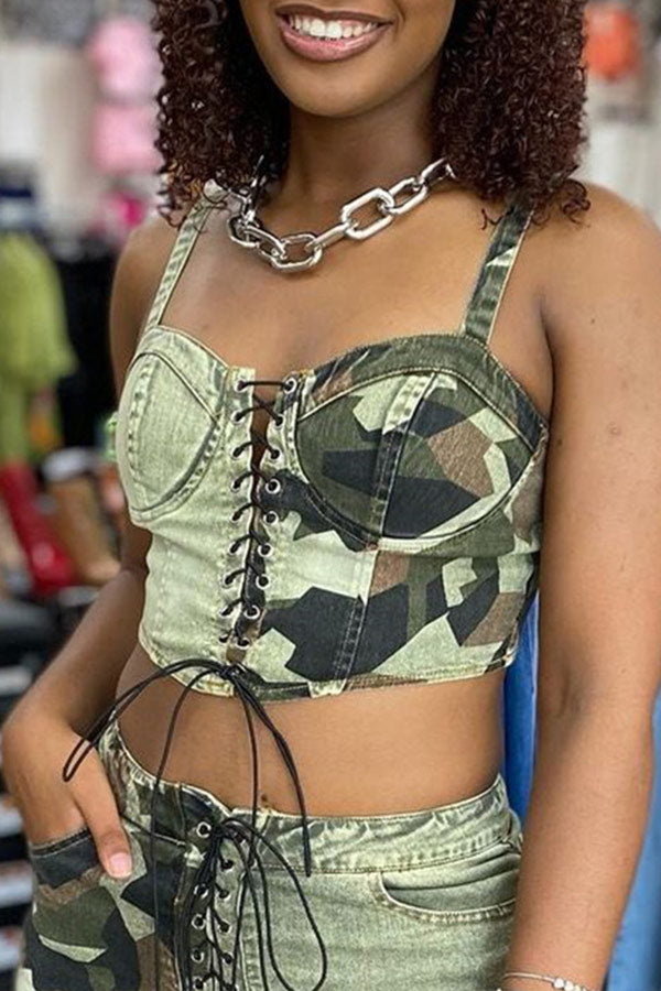 Sexy Lace-Up Camouflage Slim Fit Short Camisole