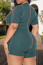 Sexy Plus Size V-Neck Lace-Up Slim Fit Stretch Short Sleeve Rompers