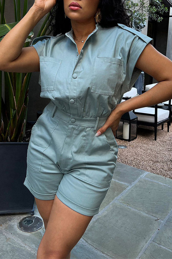 Casual Wide Shoulder Sleeveless Solid Color Pocket Cargo Rompers