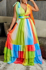 Romantic Colorful V-Neck Ruffle Backless Sling Maxi Dress