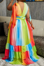 Romantic Colorful V-Neck Ruffle Backless Sling Maxi Dress