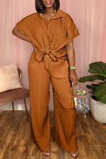 Simple Pleated Fabric Solid Color Short Sleeve Blouse Straight-Leg Pant Suits