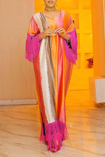 Elegant Colorblock Print Satin Tassels Sleeve V-Neck Slit Maxi Dress