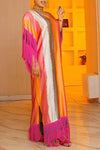 Elegant Colorblock Print Satin Tassels Sleeve V-Neck Slit Maxi Dress