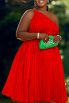 Elegant Solid Color Pleated Lace-Up One Shoulder Sling Midi Dress