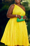 Elegant Solid Color Pleated Lace-Up One Shoulder Sling Midi Dress