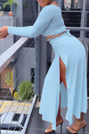 Simple Long Sleeve Solid Color Elastic Lace-Up Top High Slit Long Skirt Suits