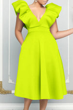 Temperament V-Neck Ruffle Solid Color A-Line Sleeveless Midi Dress