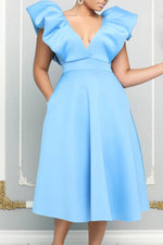 Temperament V-Neck Ruffle Solid Color A-Line Sleeveless Midi Dress