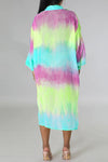 Cozy Gradigent Print Long Sleeve Single Breasted Shirt Loose Midi Dress