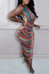 Sexy Stripe Print Slim Sleeveless Cutout V-Neck Midi Dress