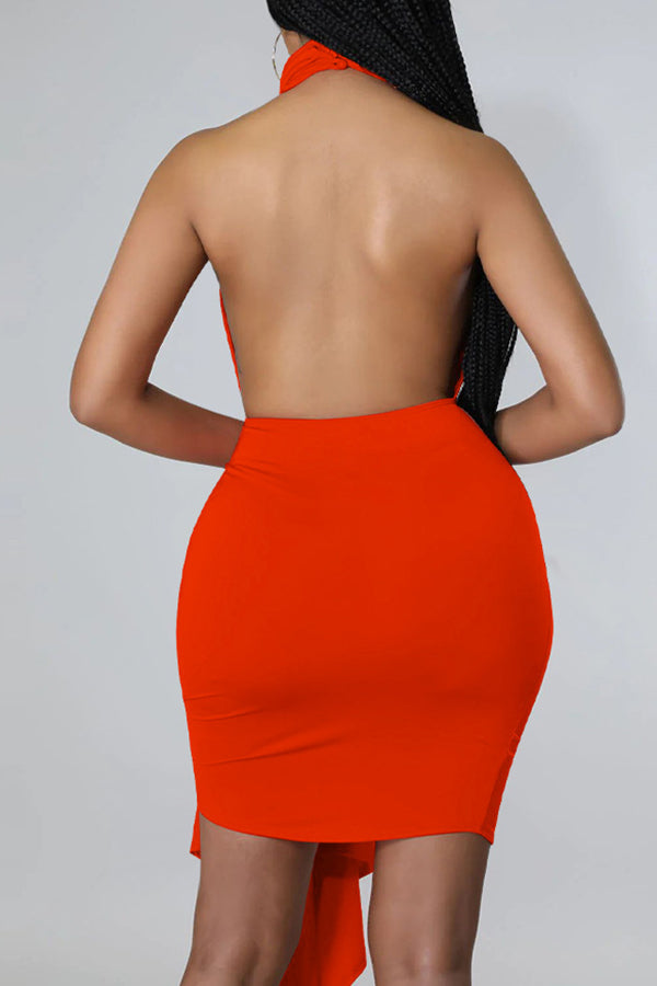 Sexy Backless Solid Color Ruching Asymmetric Slim Mini Dress