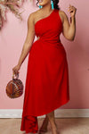 Temperament One Shoulder Sleeveless Solid Color Cutout Asymmetric Maxi Dress
