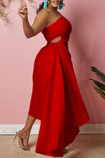 Temperament One Shoulder Sleeveless Solid Color Cutout Asymmetric Maxi Dress