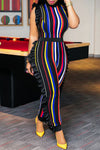 Fashion Ruffle Stripe Sleeveless Slim Round Neck Jumpsuits